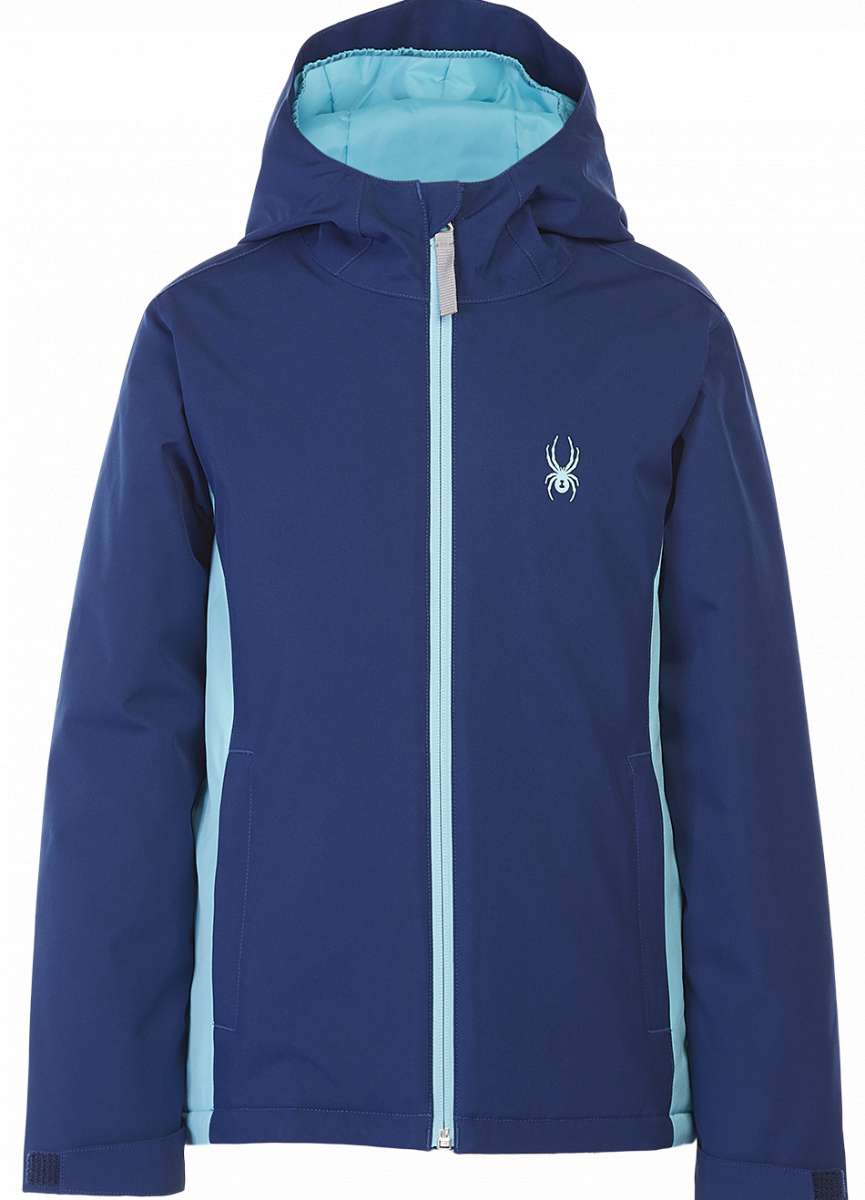 Spyder Girls Adore Insulated Jacket 2023 - A navy blue jacket with a white spider logo on the left chest and light blue accents along the sides.