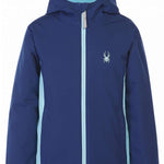 Spyder Girls Adore Insulated Jacket 2023 - A navy blue jacket with a white spider logo on the left chest and light blue accents along the sides.