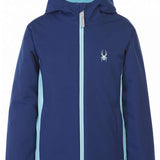 Spyder Girls Adore Insulated Jacket 2023 - A navy blue jacket with a white spider logo on the left chest and light blue accents along the sides.