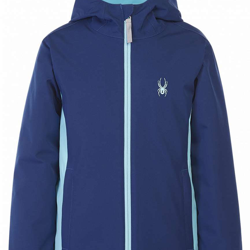 Spyder Girls Adore Insulated Jacket 2023 - A navy blue jacket with a white spider logo on the left chest and light blue accents along the sides.