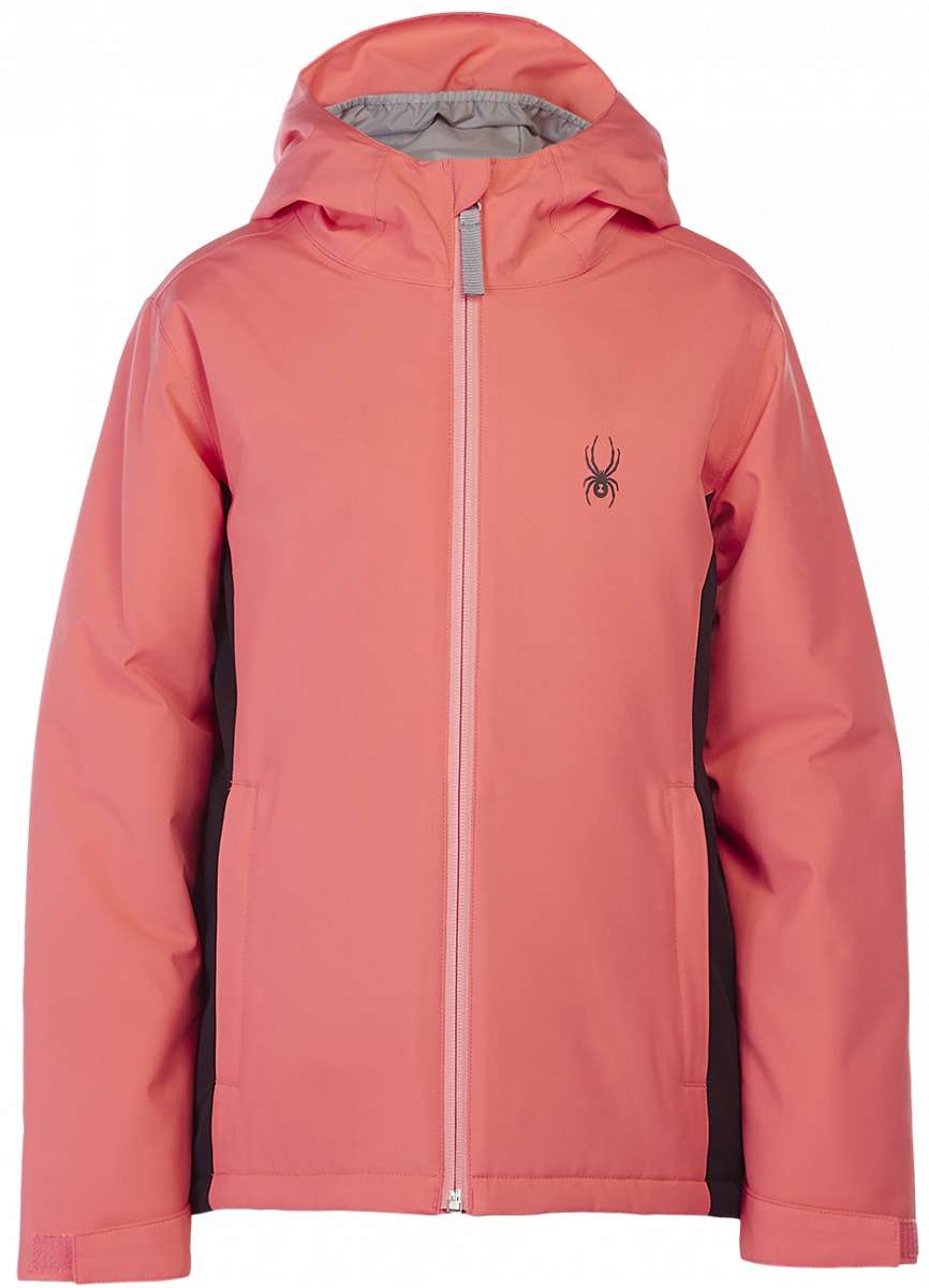 Spyder Girls Adore Insulated Jacket 2023 - A coral-colored jacket with a hood, featuring a black spider logo on the left chest and a zipper down the front.