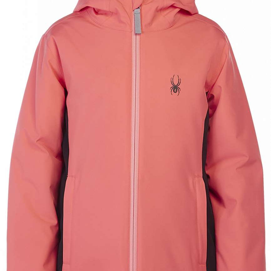 Spyder Girls Adore Insulated Jacket 2023 - A coral-colored jacket with a hood, featuring a black spider logo on the left chest and a zipper down the front.