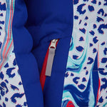 Spyder Girls Atlas Synthetic Down Jacket 2022 - A white jacket with a blue leopard print design and red accents, featuring a zipper down the front.