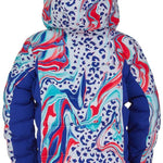 Spyder Girls Atlas Synthetic Down Jacket 2022 - A white jacket with a blue and red leopard print design, featuring dark blue accents on the sleeves.