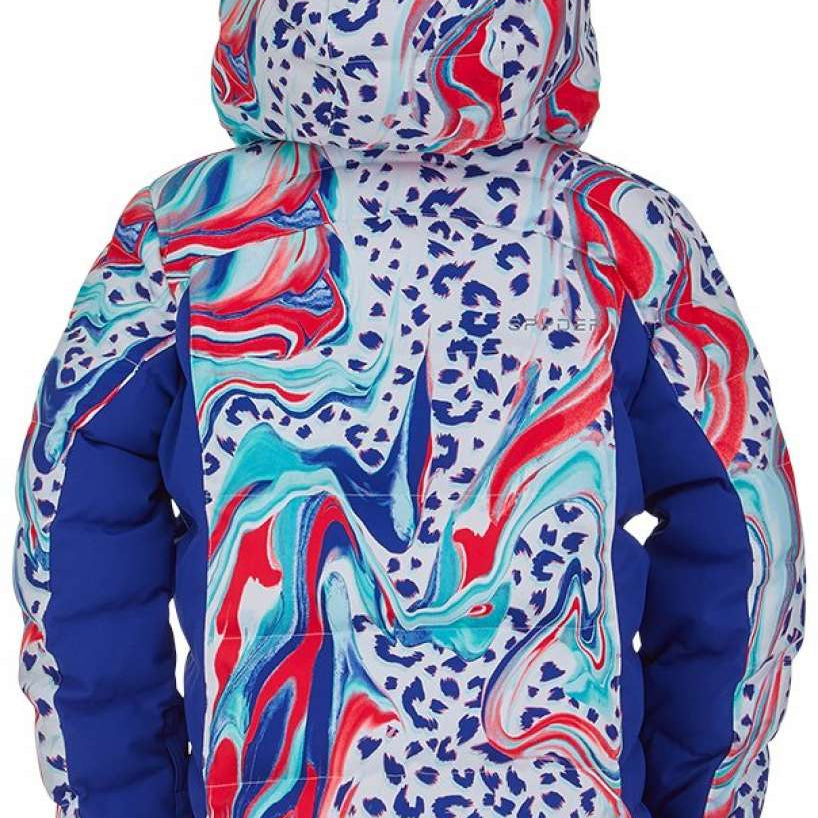 Spyder Girls Atlas Synthetic Down Jacket 2022 - A white jacket with a blue and red leopard print design, featuring dark blue accents on the sleeves.