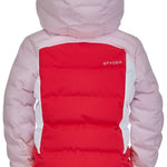Spyder Girls Atlas Synthetic Down Jacket 2022 - A pink down jacket with a hood, featuring white accents on the sides and a Spyder logo on the chest.