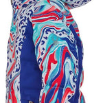 Spyder Girls Atlas Synthetic Down Jacket 2022 - A white jacket with a blue and red marbled pattern, featuring leopard print accents on the hood.