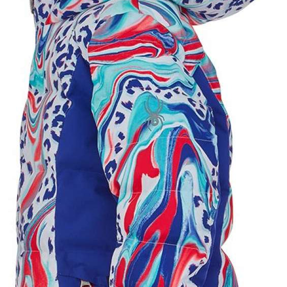 Spyder Girls Atlas Synthetic Down Jacket 2022 - A white jacket with a blue and red marbled pattern, featuring leopard print accents on the hood.