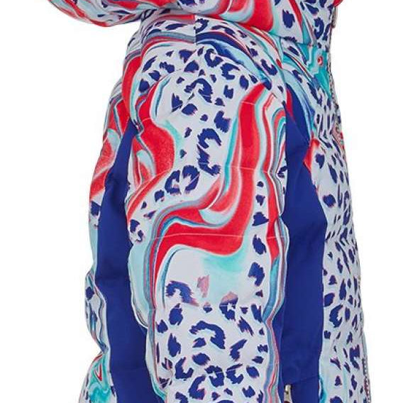 Spyder Girls Atlas Synthetic Down Jacket 2022 - A white jacket with a blue and red leopard print design.
