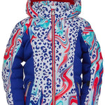 Spyder Girls Atlas Synthetic Down Jacket 2022 - A white jacket with a blue leopard print design and red accents on the hood, collar, and zipper.