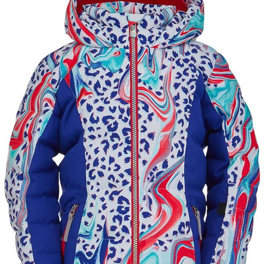 Spyder Girls Atlas Synthetic Down Jacket 2022 - A white jacket with a blue leopard print design and red accents on the hood, collar, and zipper.