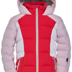 Spyder Girls Atlas Synthetic Down Jacket 2022 - A pink down jacket with a hood, featuring white accents on the shoulders and chest.