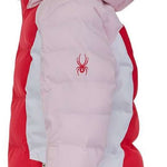 Spyder Girls Atlas Synthetic Down Jacket 2022 - A pink jacket with a hood, featuring a spider logo on the back in red.