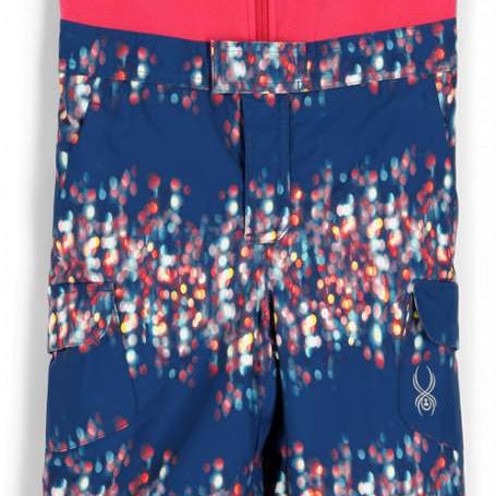 Spyder Girls Bitsy Sparkle Pant 2023 - A navy blue snow pant with a sparkly pattern of red, white and yellow dots.