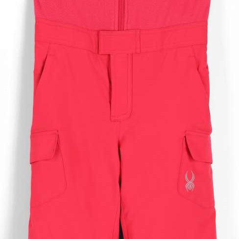 Spyder Girls Bitsy Sparkle Pant 2023 - A pink snowsuit with sparkly silver glitter accents on the front and back of the pants.