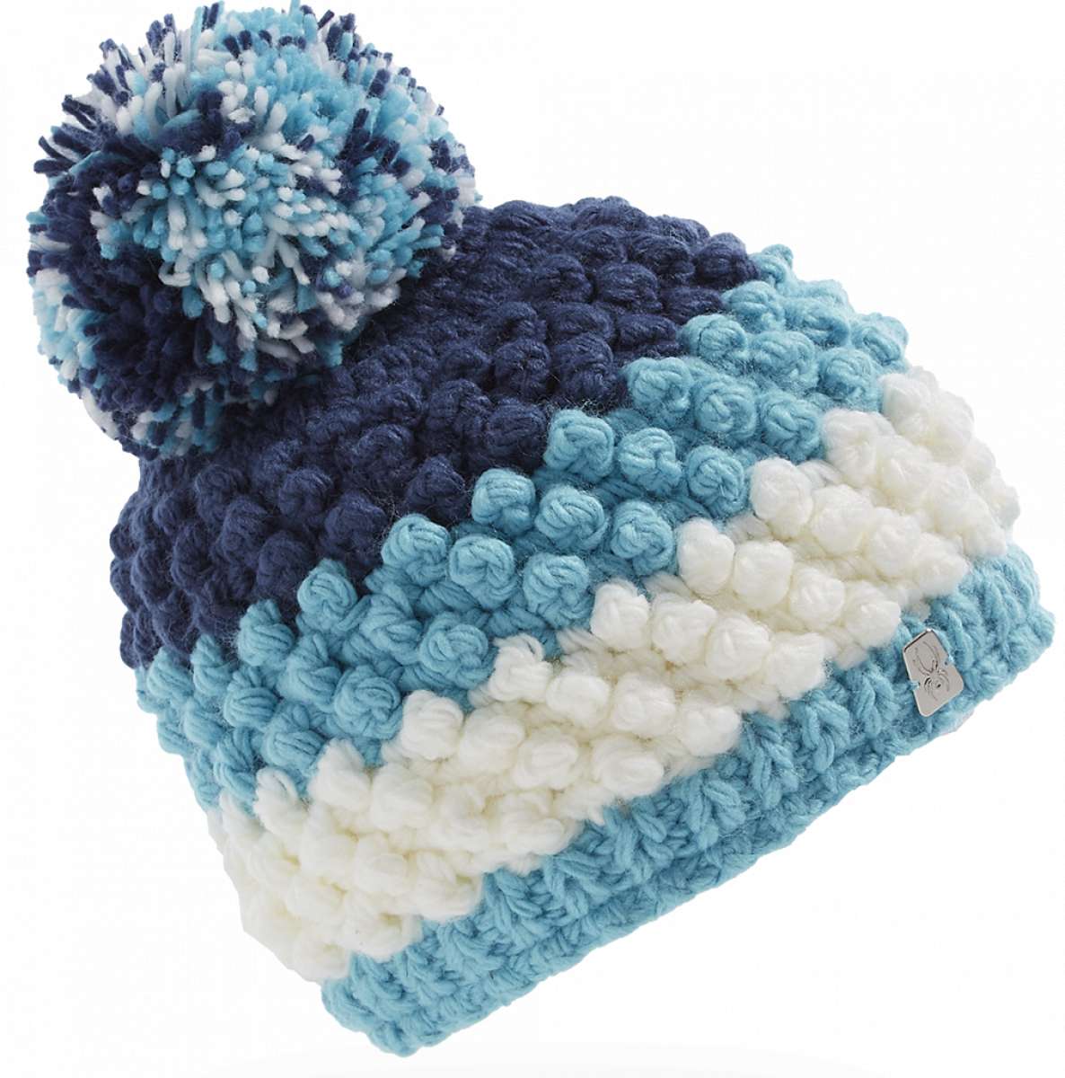 Spyder Girls Brrr Berry Beanie 2023 - A light blue beanie with a pom-pom on top and a small logo tag near the bottom edge.