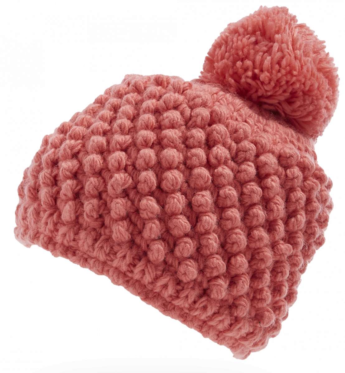 Spyder Girls Brrr Berry Beanie 2023 - A dusty rose-colored beanie with a pom-pom on top, featuring a bubble knit pattern and a folded cuff at the bottom.