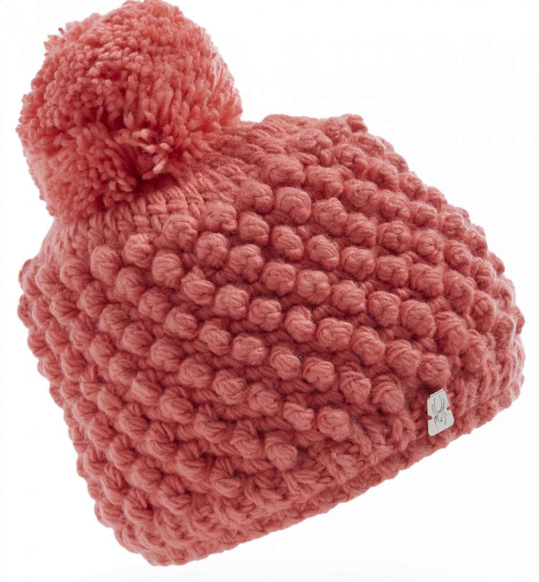 Spyder Girls Brrr Berry Beanie - A pink beanie with a pom-pom on top, featuring a berry pattern and a small white logo near the bottom edge.