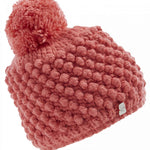 Spyder Girls Brrr Berry Beanie - A pink beanie with a pom-pom on top, featuring a berry pattern and a small white logo near the bottom edge.