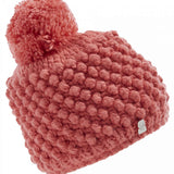 Spyder Girls Brrr Berry Beanie - A pink beanie with a pom-pom on top, featuring a berry pattern and a small white logo near the bottom edge.