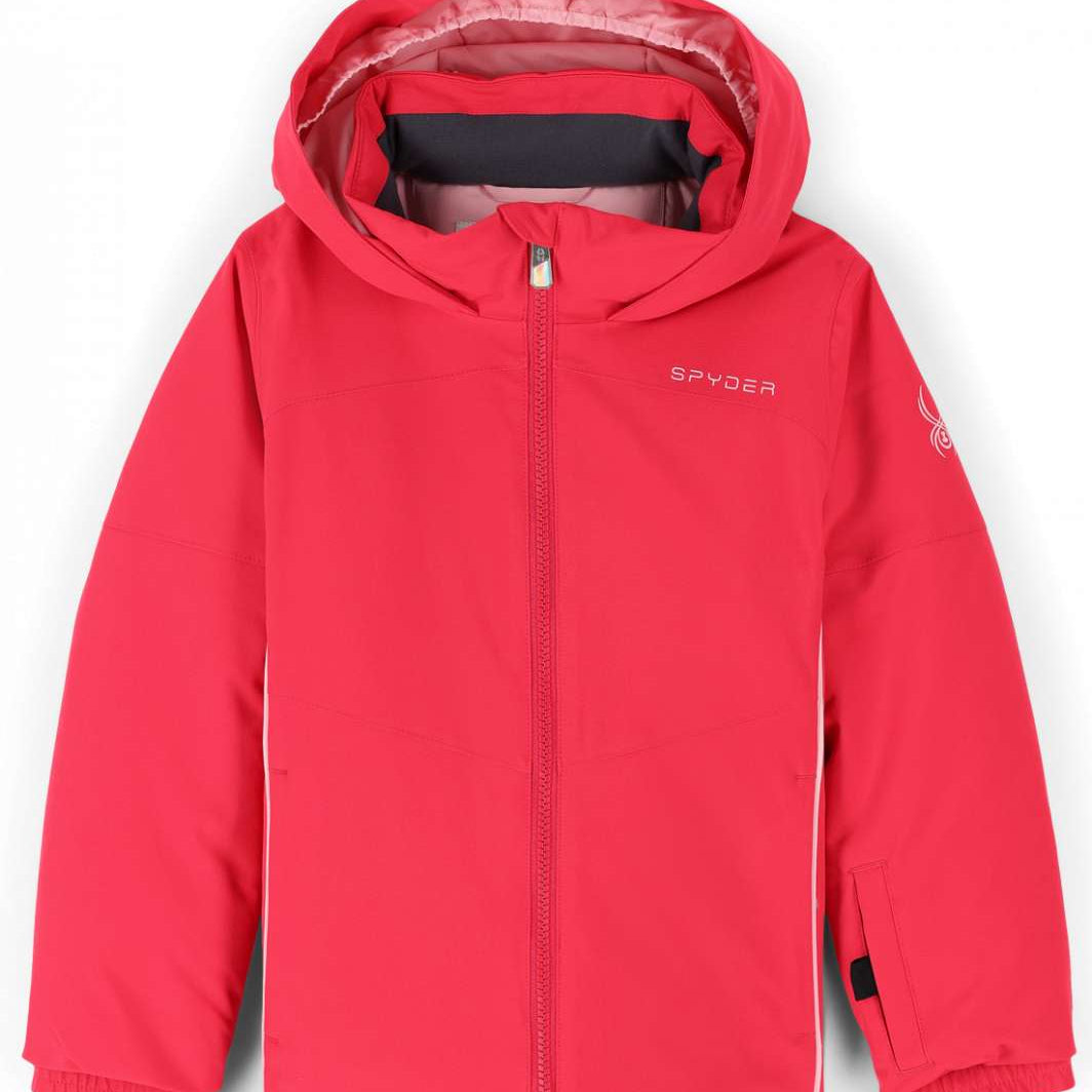 Spyder Girls Conquer Insulated Jacket 2023 - A pink insulated jacket with a hood, featuring white accents on the sleeves and chest.