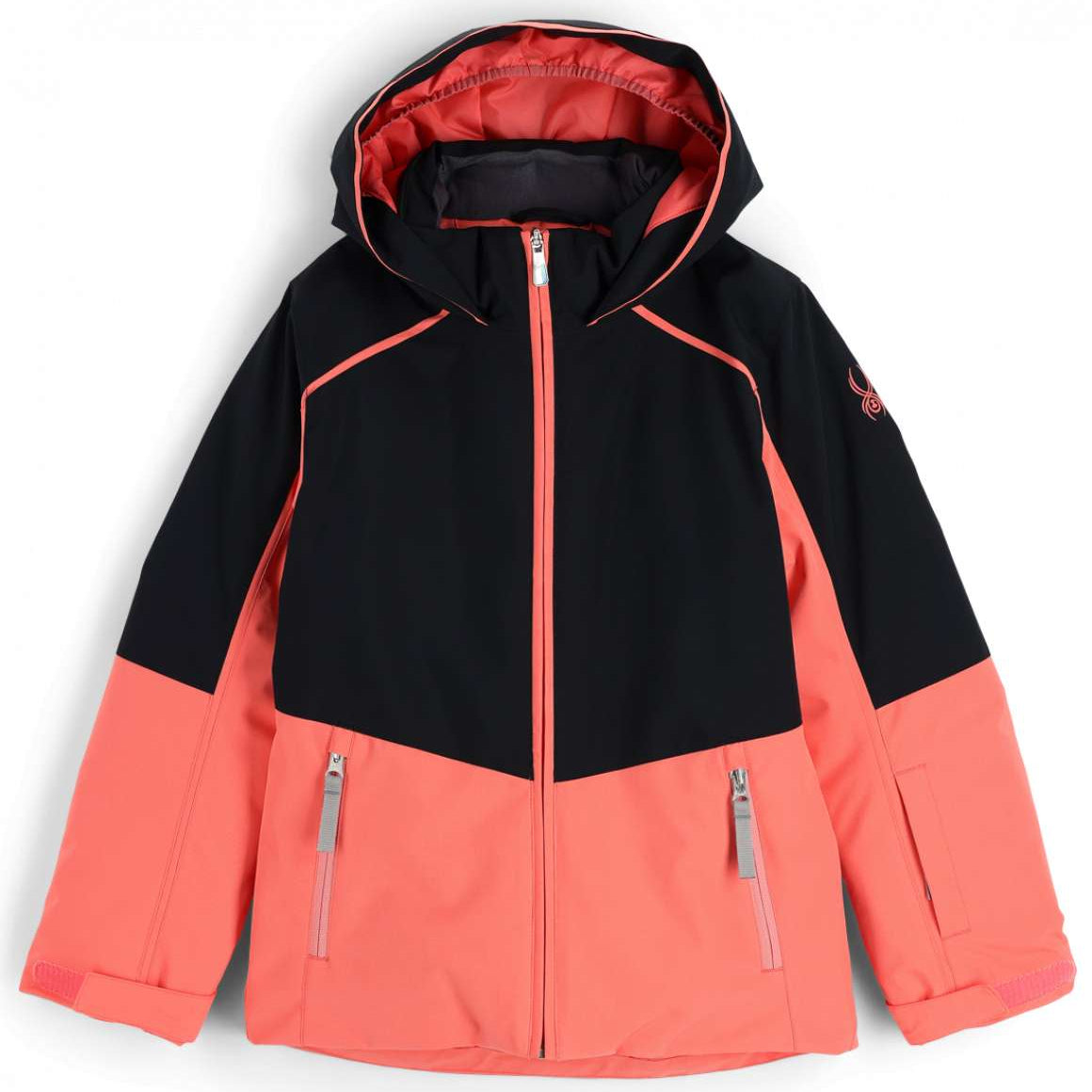 Spyder Girls Conquer Insulated Jacket 2023 - A black and coral-colored jacket with a hood, featuring coral accents on the zipper and pockets.