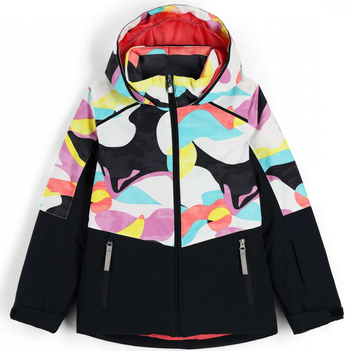 Spyder Girls Conquer Insulated Jacket 2023 - A black jacket with a colorful abstract pattern of pink, yellow, blue and white shapes.