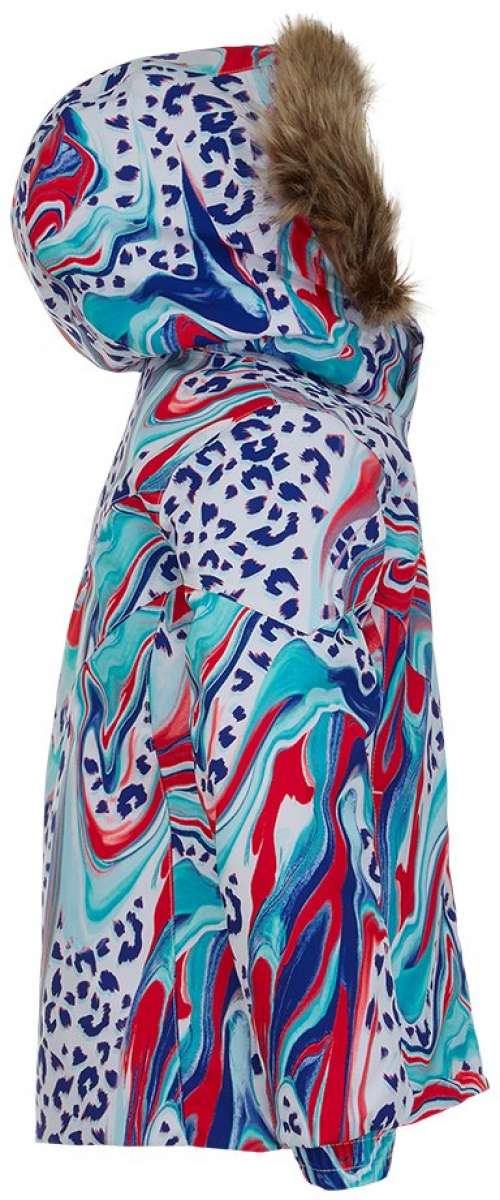 Spyder Girls Lola Insulated Jacket 2022 - A white jacket with a leopard print design in shades of red, blue and turquoise.