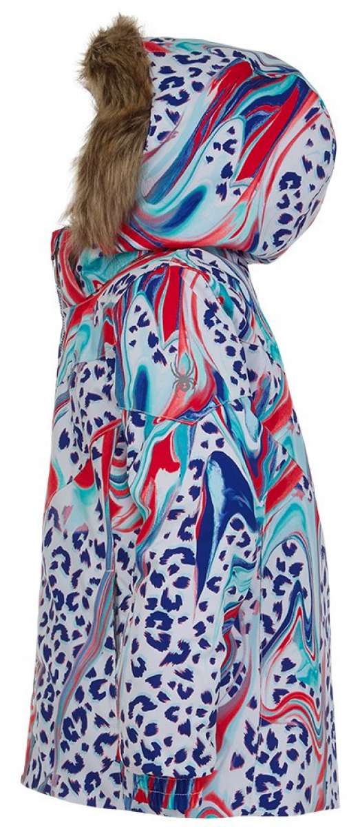 Spyder Girls Lola Insulated Jacket 2022 - A white jacket with a blue and red leopard print design, featuring a fur-lined hood.