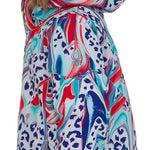 Spyder Girls Lola Insulated Jacket 2022 - A white jacket with a blue and red leopard print design, featuring a fur-lined hood.