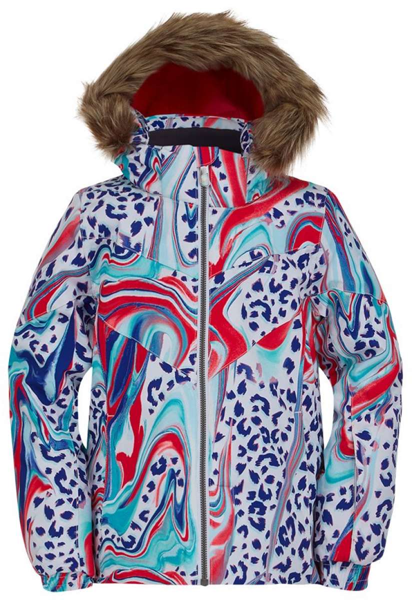 Spyder Girls Lola Insulated Jacket 2022 - A white jacket with a blue and red abstract pattern, featuring a fur-lined hood.