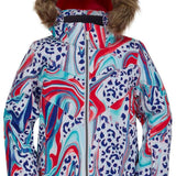 Spyder Girls Lola Insulated Jacket 2022 - A white jacket with a blue and red abstract pattern, featuring a fur-lined hood.