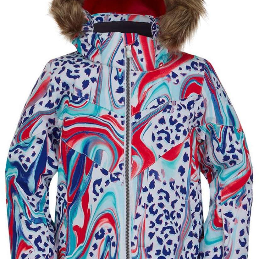 Spyder Girls Lola Insulated Jacket 2022 - A white jacket with a blue and red abstract pattern, featuring a fur-lined hood.