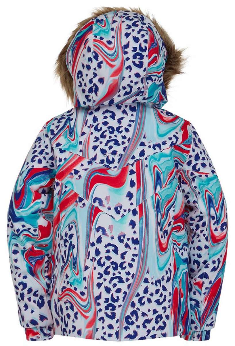 Spyder Girls Lola Insulated Jacket 2022 - A white jacket with a blue and red leopard print design, featuring a hood with brown faux fur trim.