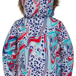 Spyder Girls Lola Insulated Jacket 2022 - A white jacket with a blue and red leopard print design, featuring a hood with brown faux fur trim.