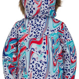 Spyder Girls Lola Insulated Jacket 2022 - A white jacket with a blue and red leopard print design, featuring a hood with brown faux fur trim.