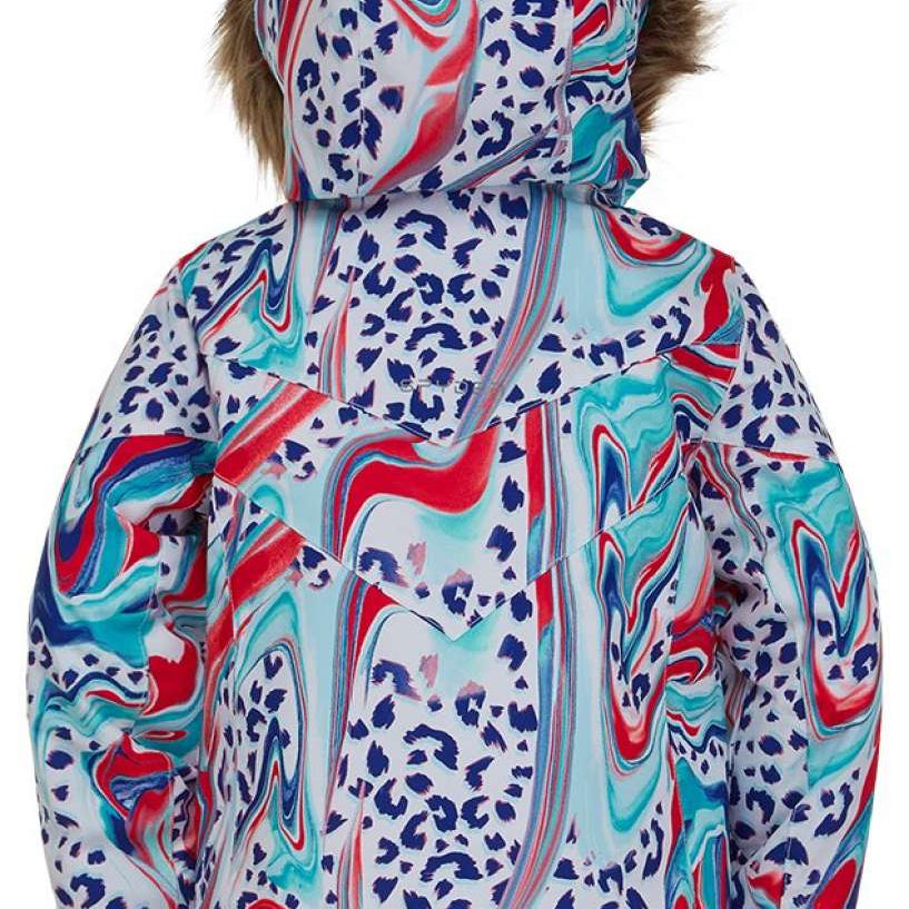 Spyder Girls Lola Insulated Jacket 2022 - A white jacket with a blue and red leopard print design, featuring a hood with brown faux fur trim.