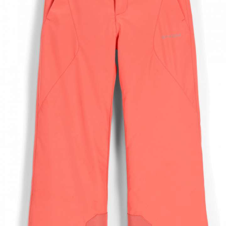 Spyder Girls Olympia Insulated Pant 2023 - A pair of coral-colored snow pants with a black waistband and belt loops, featuring two front pockets and one back pocket.