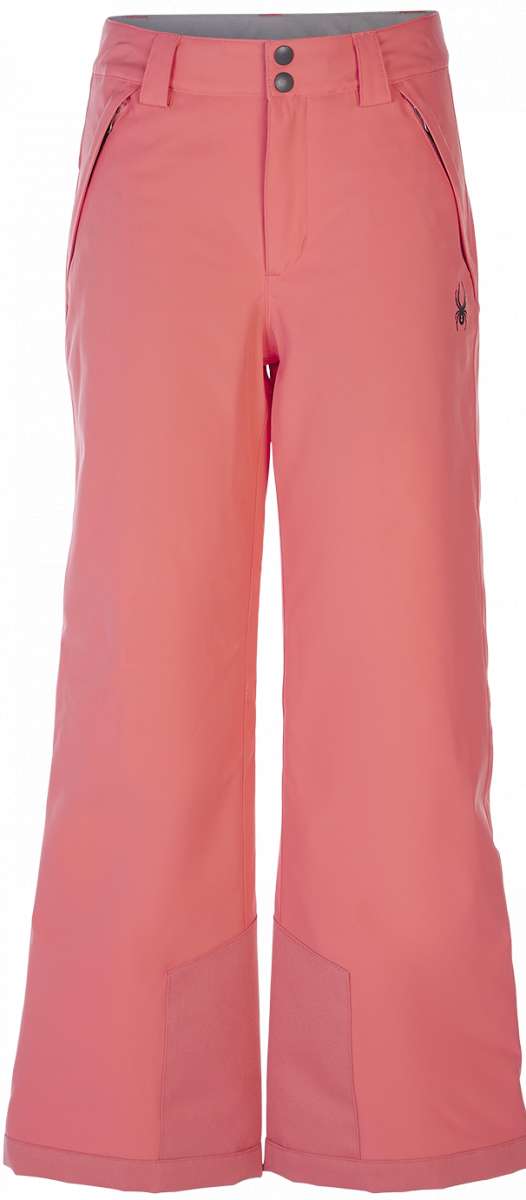 Spyder Girls Revel Insulated Pant 2023 - A pair of pink ski pants with a black logo on the left leg, featuring two front pockets and three buttons at the waist.