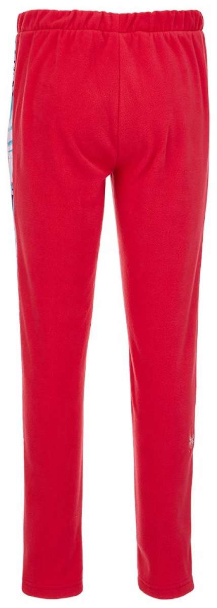 Spyder Girls Speed Fleece Pants 2022 - Red fleece pants with a white and blue logo on the left leg.
