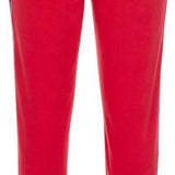 Spyder Girls Speed Fleece Pants 2022 - Red fleece pants with a white and blue logo on the left leg.