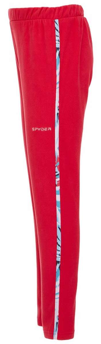 Spyder Girls Speed Fleece Pants 2022 - A pair of red fleece pants with a white and blue patterned stripe down the side.