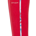 Spyder Girls Speed Fleece Pants 2022 - A pair of red fleece pants with a white and blue patterned stripe down the side.