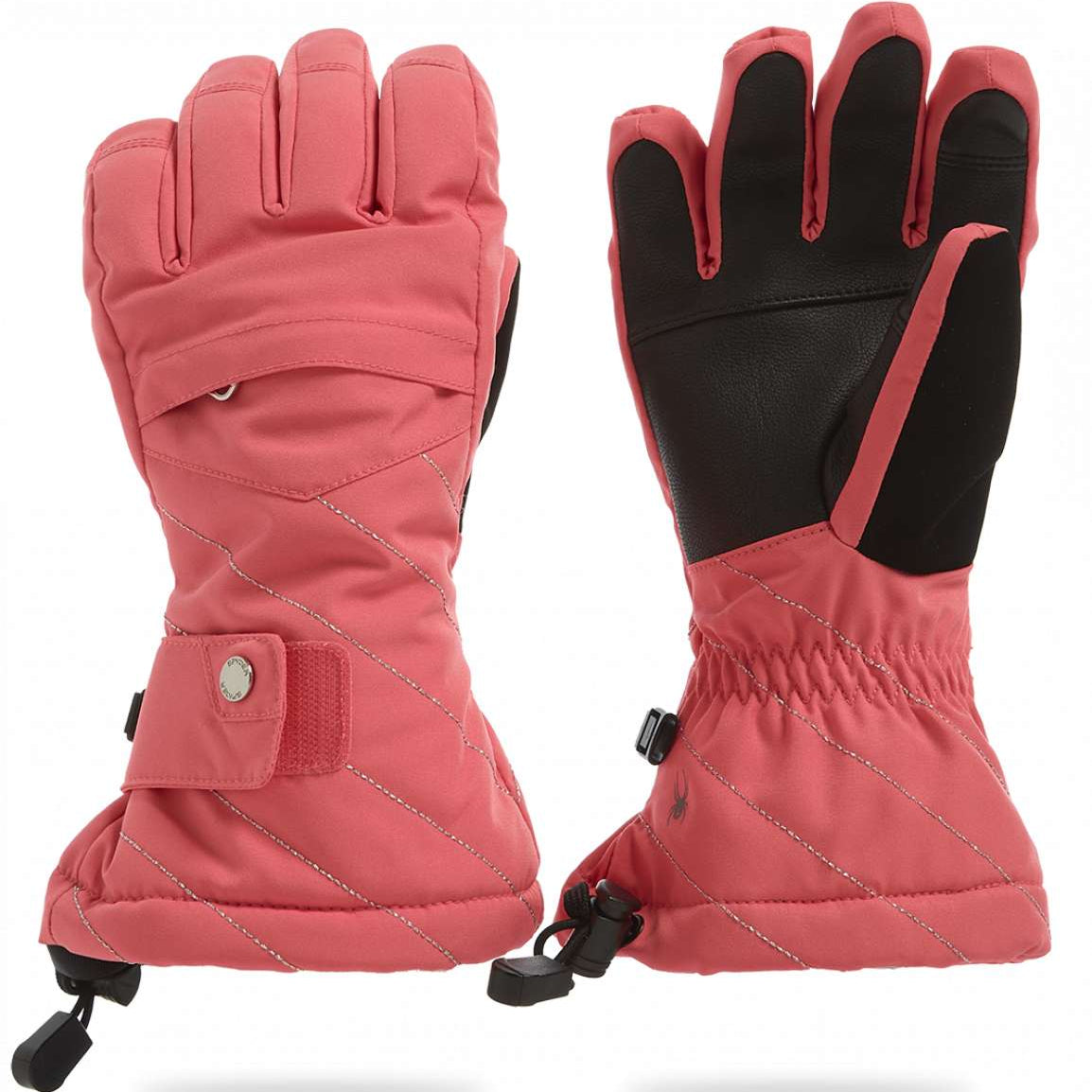 Spyder Girls Synthesis Glove 2023 - A pair of pink gloves with a quilted pattern and silver stitching, featuring a strap closure on the wrist.