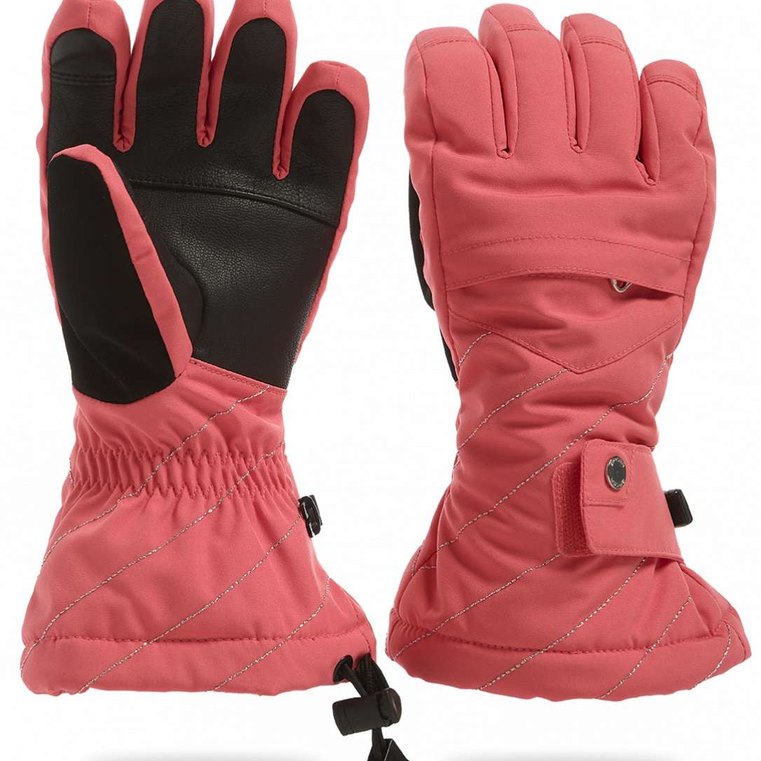 Spyder Girls Synthesis Glove 2023 - Pink gloves with black palm and thumb, featuring a textured pattern on the back of the hand.