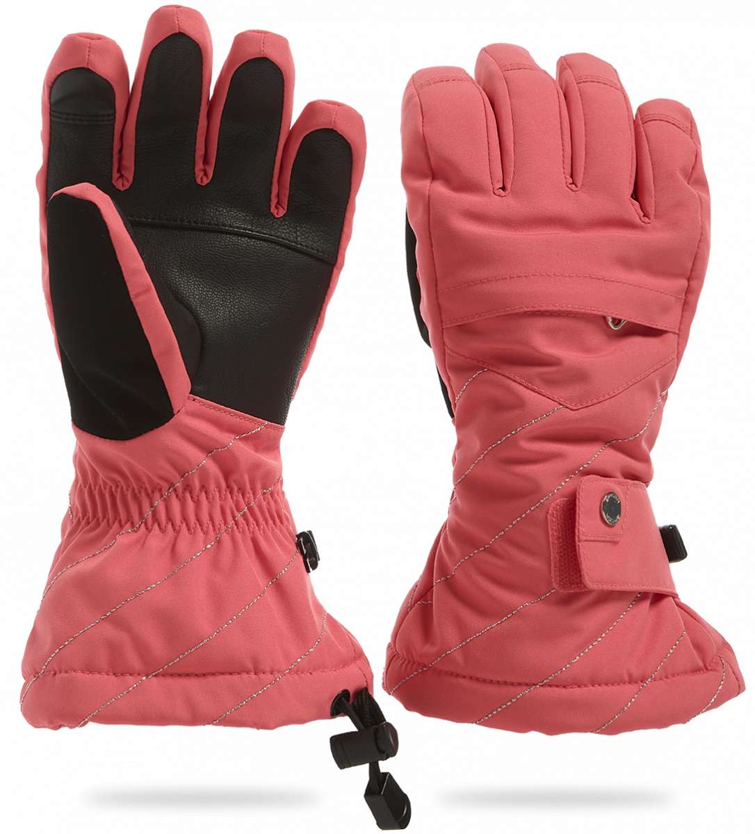Spyder Girls Synthesis Glove 2023 - Pink gloves with black palm and thumb, featuring a textured pattern on the back of the hand.