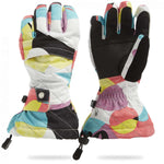 Spyder Girls Synthesis Glove 2023 - A pair of gloves with a colorful abstract pattern in shades of pink, yellow, blue and black on white.