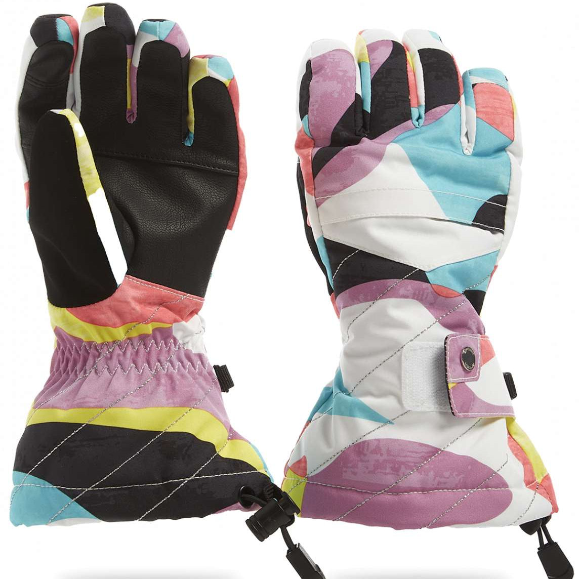 Spyder Girls Synthesis Glove 2023 - A pair of gloves with a pink palm and fingers, featuring a white and black abstract pattern on the back.