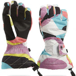 Spyder Girls Synthesis Glove 2023 - A pair of gloves with a pink palm and fingers, featuring a white and black abstract pattern on the back.
