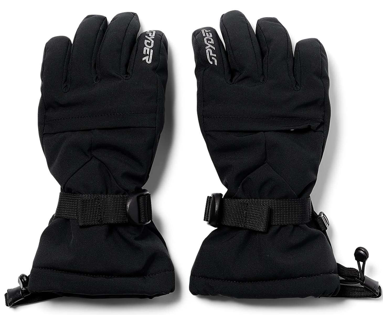 Spyder Girls Synthesis Ski Gloves 2024 - Black gloves with white Spyder logo on left cuff and black strap with silver buckle on right wrist.